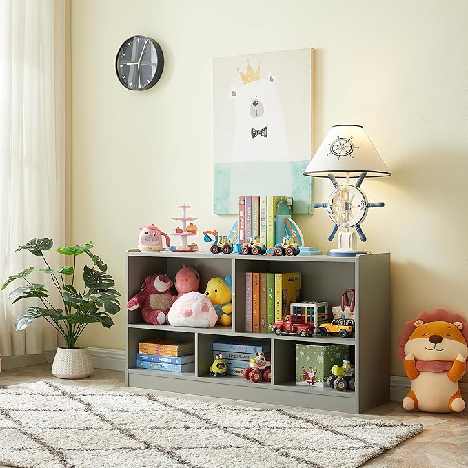 Toy Organizers and Storage, 5-Section Kids Bookshelf for Organizing Books Toys, School Classroom Wooden Storage Cabinet for Children's Room, Playroom, Nursery (Grey)