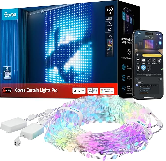 Govee Curtain Lights Pro, Upgraded 960 LEDs Smart Color Changing LED Curtain Lights with AIGC, Dynamic DIY String Lights for Bedroom Living Room Holiday Decor, Outdoor IP67 Waterproof, 5.41×5.77ft