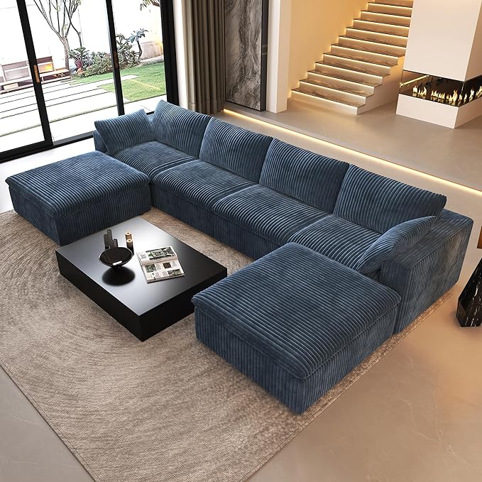 157.5" U Shaped Modern Sofa Modular Sectional Cloud Couch with 2 Ottoman,Deep Seat Upholstered Couches with Corduroy Fabric for Living Room Furniture,Bedroom and Apartment,No Assembly Required,Blue