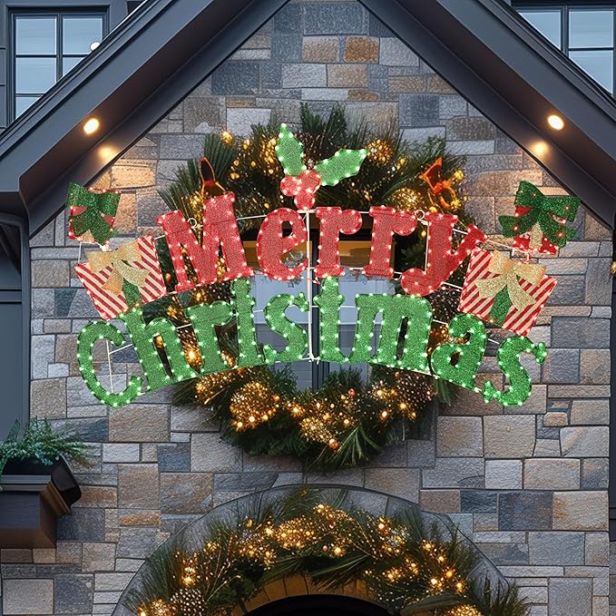 6FT Merry Christmas Sign for Decoration, 2-in-1 Pre-Lit Holiday Greeting Sign Decor with 456 LED Lights, Freestanding or Hanging Glittered Holiday Display for Outdoor, Indoor