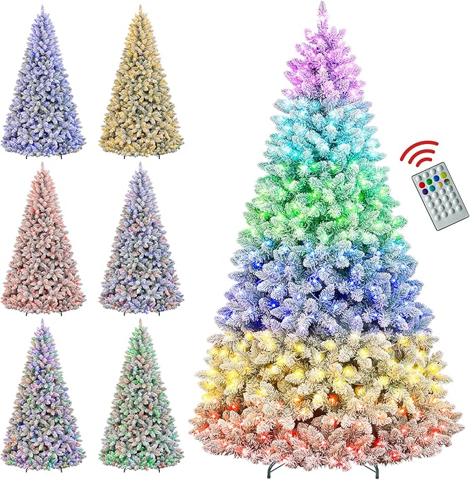 7.5ft Lighted Snow Flocked Christmas Tree with Remote Control, 450 Multi-Color RGB Lights, 1446 PVC Branch Tips, 15 Mode Artificial Hinged Christmas Tree for Home