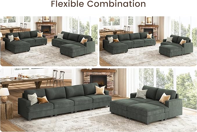 Nolany Sectional Couch with Storage Ottoman, Corduroy Sleeper Sectional Sofa with Chaise, Modular Sectional Couches for Living Room, Green