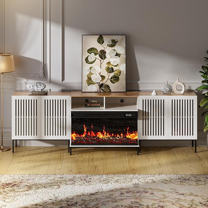 3-Sided Glass Farmhouse Fireplace TV Stand for TVs Up to 100 Inch, Entertainment Center with 36" Electric Fireplace, TV Console with Storage Cabinets for Living Room, Antique White