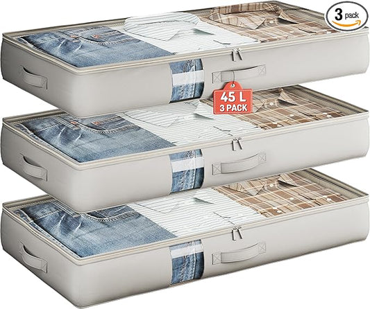 Under Bed Storage Containers with Window, Closet Organizers and Storage Bags, Foldable Underbed Storage Bags for Blankets, Clothing, Comforter, Linen Sheets, Wrapping Paper, 3 Pack, Grey