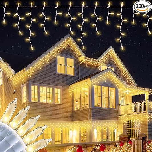 200 Christmas Icicle Lights, Warm White Clear Bulbs with 23FT Long White Wire, Professional Grade String Lights for Indoor & Outdoor,Xmas,Party, Patio, Courtyard, Window, Fence, Trees Decor