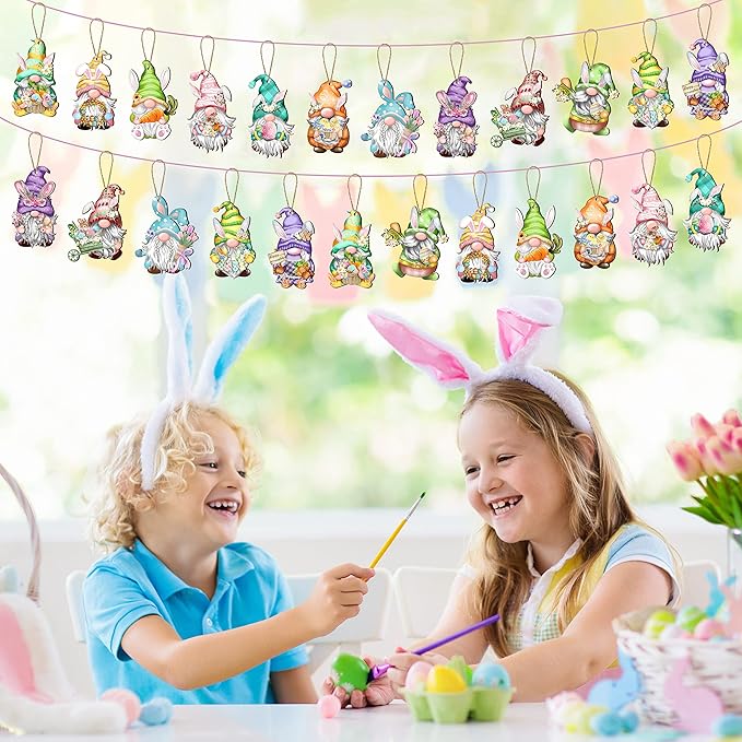24 Pieces Easter Wooden Gnome Hanging Ornaments Hanging Decor for Easter Tree Decoration Gnomes Bunny Doll Wooden Hanging Craft