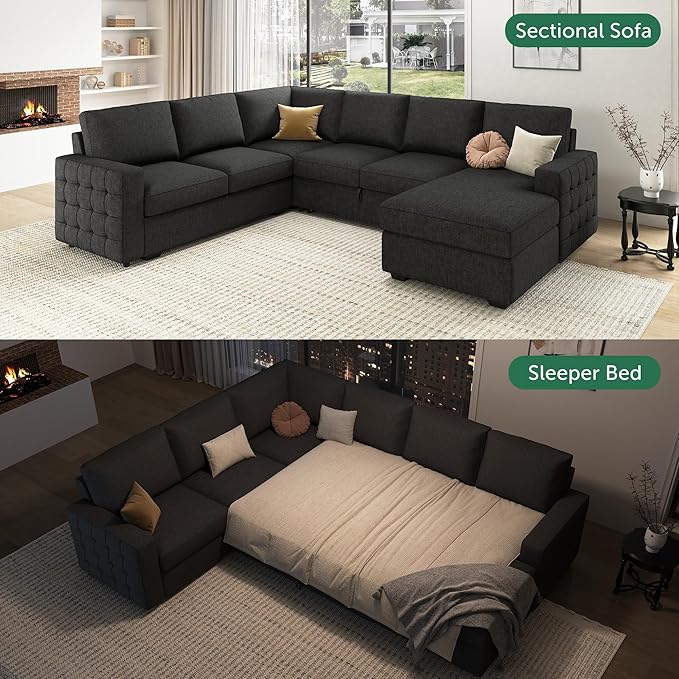 HONBAY Sectional Couch with Pull Out Bed, Sectional Sleeper Sofa with Storage, U Shape Couches for Living Room, Dark Grey