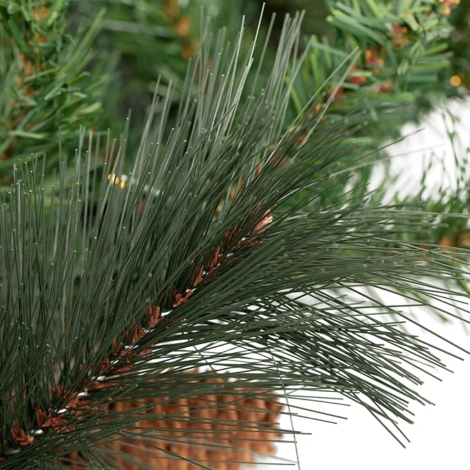 Papyrus 7 ft Pre-Lit Artificial Christmas Tree, Carolina Pine, Pine Cones, Warm White Lights, Includes Stand and Storage Bag