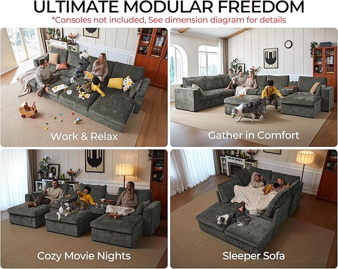 Oversized Modular Sofa Comfy Cloud Couch with Storage, Extra Deep Plush Sectional Sofa Set for Living Room, Covers Washable, Chenille, Olar (Grey, 4-Seater with Ottoman, l-Shaped)