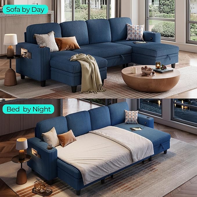 LINSY HOME Sectional Sleeper Sofa with Pull Out Couch Bed - Convertible Plush Corduroy Cloud Couch with Storage Chaise & USB Charging, Comfy U Shaped Modular Couches for Living Room, Blue