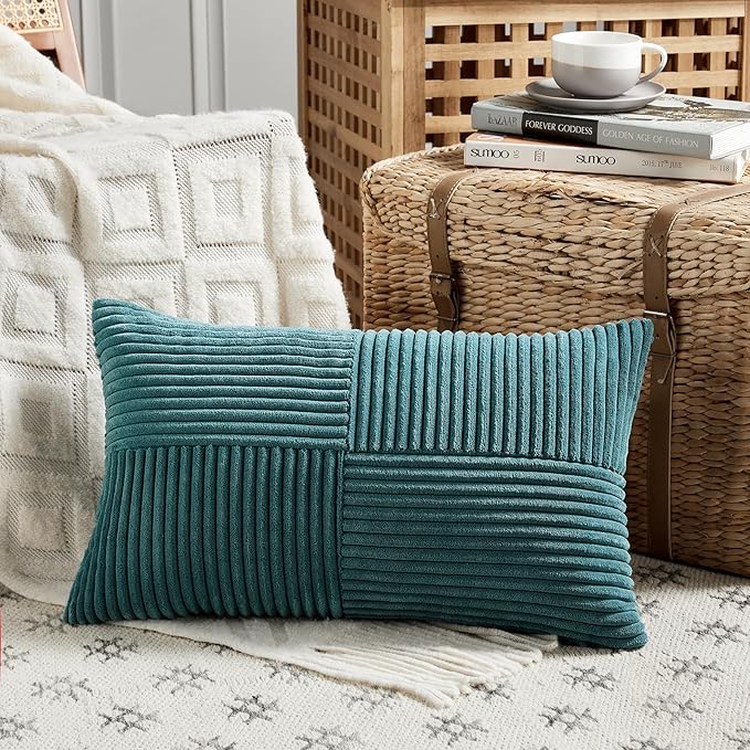 Fancy Homi 2 Packs Teal Lumbar Decorative Throw Pillow Covers 14x24 Inch for Living Room Couch Bed Sofa, Rustic Farmhouse Boho Home Decor, Soft Striped Corduroy Rectangle Accent Cushion Case 35x60 cm