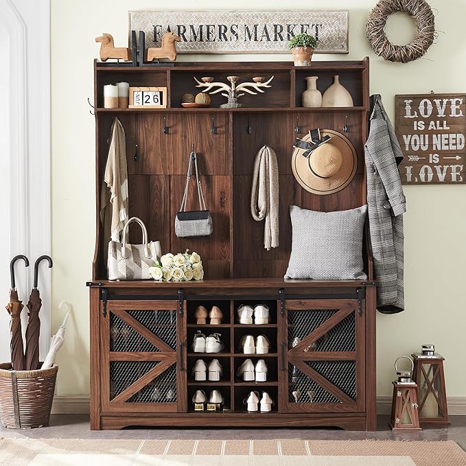 JXQTLINGMU 59" Farmhouse Hall Tree with Shoe Storage, Entryway Bench with 20 Cubbies, 12 Hooks & Sliding Barn Doors, Mudroom Coat Rack Cabinet, Brown