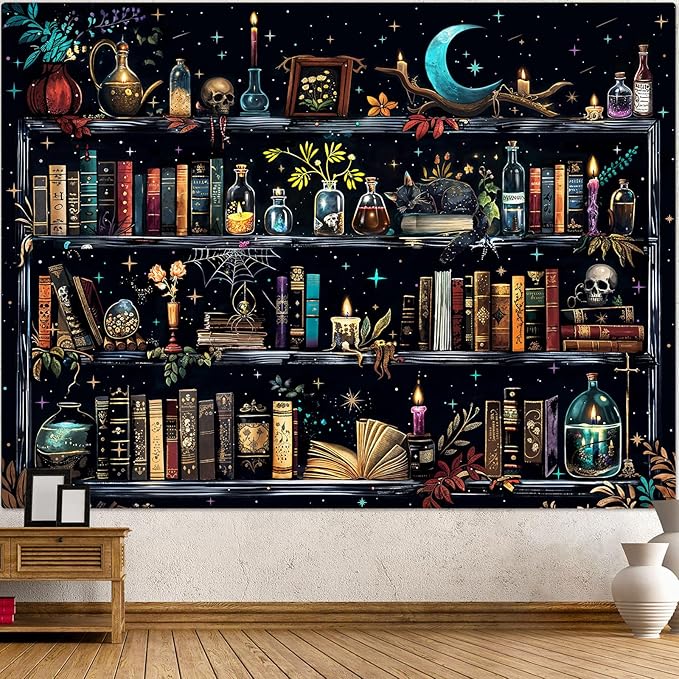 Accnicc Magic Bookshelf Tapestry Magical Witchy Potion Dark Hippie Haloween Tapestries Wall Hanging Gothic Skull Black Cat Library Book Tapestry for Bedroom Living Room Dorm 80 x 60 inch