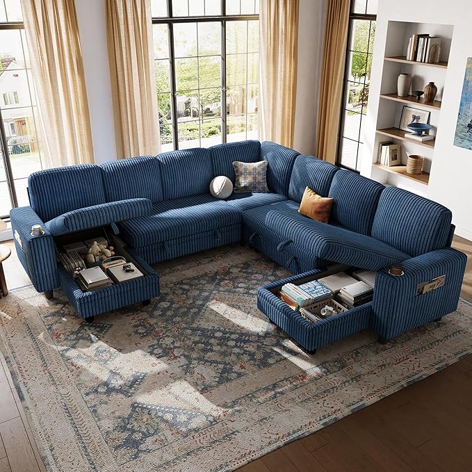 LINSY HOME Sectional Sleeper Sofa with Pull Out Couch Bed - Convertible Plush Corduroy Cloud Couch with Storage Chaise & USB Charging, Comfy Modular Couches for Living Room, Blue