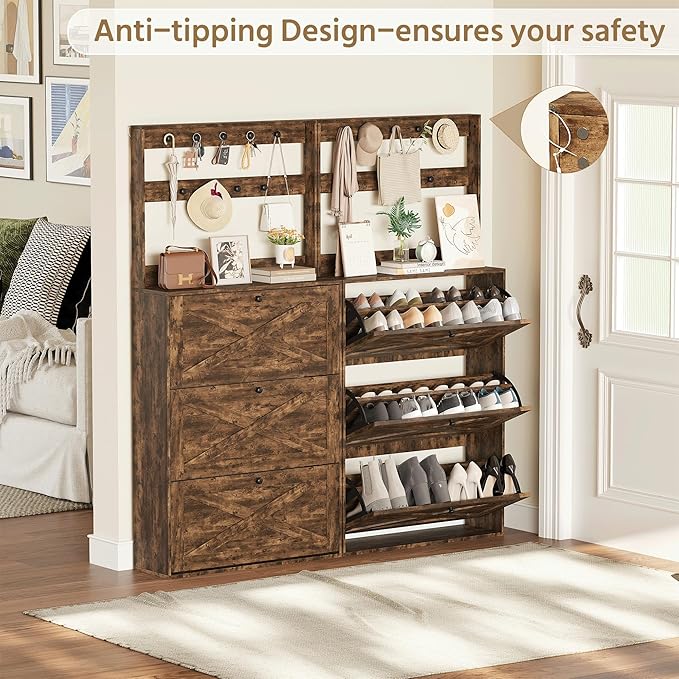 Shoe Cabinet with 3 Flip Drawers, Narrow Shoe Cabinet with 9 Hooks Coat Rack, Freestanding Shoes Storage Cabinets with Adjustable Shelves for Entryway, Hallway, Living Room, Rustic Brown