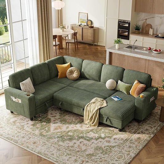 LINSY HOME Sectional Sleeper Sofa with Pull Out Couch Bed Convertible Plush Corduroy Cloud Couch with Storage Chaise & USB Charging, Comfy Modular Couches for Living Room (Green)