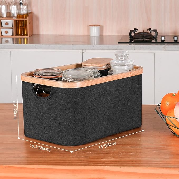 efluky Storage Baskets for Organizing, Fabric Storage Bins with Bamboo Handles, Collapsible Storage Baskets for Shelves and Closet, Black Set of 2