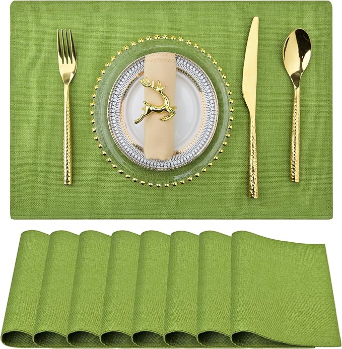 Green Cloth Placemats Set of 8 - Easy to Clean Fabric Table Placemats - Machine Washable Placemats- Heat Resistant Non-Slip Table Mats (Grass Green, 8)