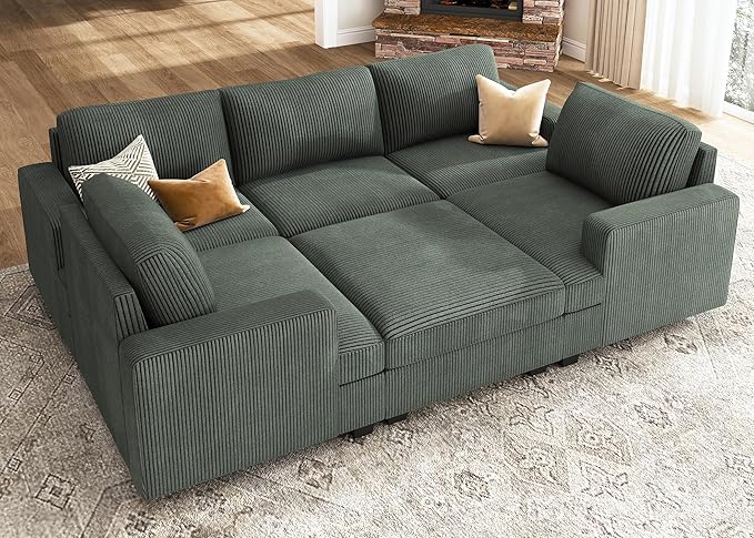 Nolany Modular Sectional Couch with Storage Ottoman, Corduroy Sleeper Sectional Sofa with Chaise, Sectional Couches for Living Room, Green