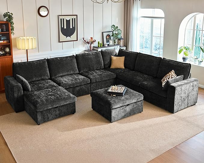 Oversized Modular Sofa Comfy Cloud Couch with Storage, Extra Deep Plush Sectional Sofa Set for Living Room, Covers Washable, Chenille, Olar (Black, 8-Seater with Corner & 2 Ottomans, u-Shaped)