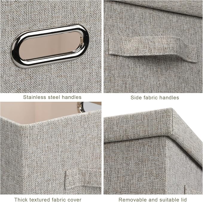 Medium 15" 21 Quart Collapsible Stackable Storage Bins with Lids, 1 Pack Beige Foldable Fabric Closet Storage Boxes with Lids, Heavy-duty Linen Baskets for Bedroom