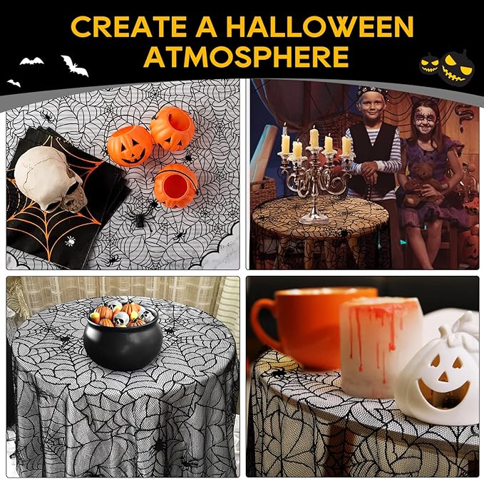 eZAKKA Round Halloween Tablecloth, 70 Inch Spider Webs Tablecloths Black Tablecloth Lace Fabric Table Cloths Spooky Table Cover for Parties Gothic Halloween Home Decorations