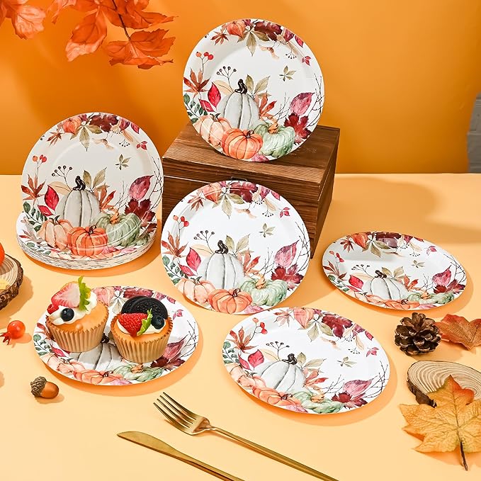 AllReal Fall Pumpkins Paper Plates Rustic Pumpkin Leaves Disposable Party Plate 7" Thanksgiving Autumn Dessert Plate for Birthday Baby Shower Party Supplies Table Decor (24)