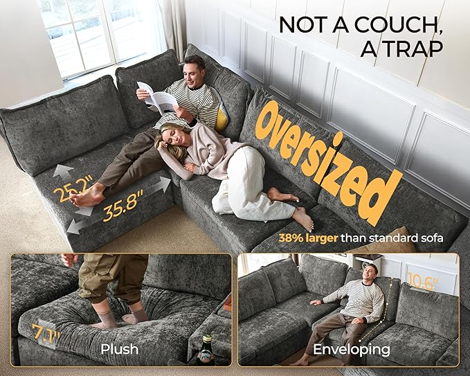 Oversized Modular Sofa Comfy Cloud Couch with Storage, Extra Deep Plush Sectional Sofa Set for Living Room, Covers Washable, Chenille, Olar (Grey, 6-Seater with 2 Corners, u-Shaped)