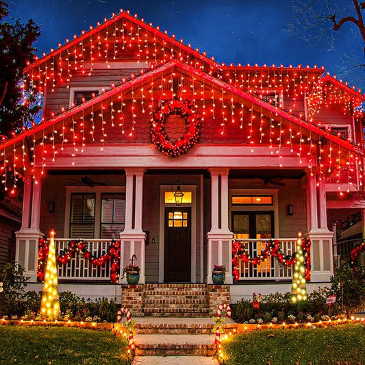 33ft Icicle Lights for Outside, Red Christmas Lights Outdoor Waterproof for House, 400 LED Twinkle Tree Lights with 75 Drops Clear Wire Short Curtain Light for Room Home Wall Indoor Decorations