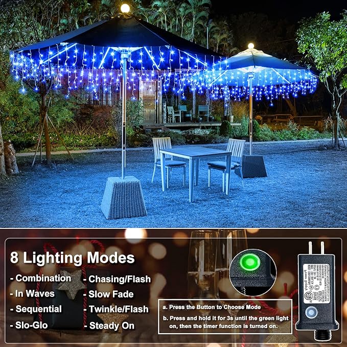 98FT Blue Icicle Lights for Outside, 1216 LED Icicle Christmas Lights with 8 Modes 228 Drops, Curtain Twinkle Lights for Indoor Outdoor Bedroom House Holiday Party Wedding Decorations