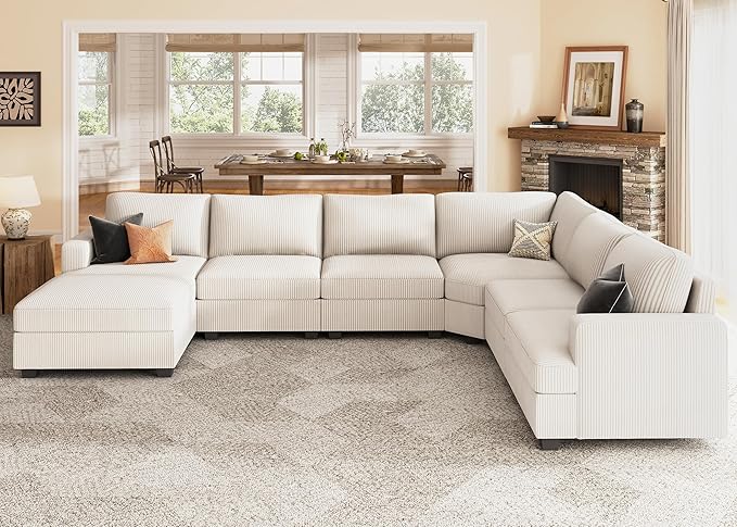 Nolany Modular U-Shape Oversized Corner Sectional Sofa with Storage Ottoman, Corduroy Fabric, Beige, 72.9"D x 128.5"W x 35"H