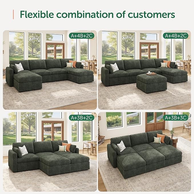 HONBAY Modular Sectional Couch with Storage Ottoman, Sectional Sofa with Storage Seats, L Shaped Sectional Couches for Living Room, Green