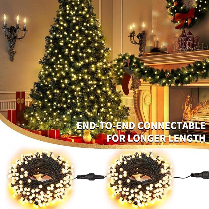 Brizled LED String Lights, 66ft 200 LED Warm White Christmas String Lights, 8 Modes LED Christmas Lights, Berry String Lights Plugin, Xmas Tree Lights Green Wire for Indoor Outdoor Party Patio