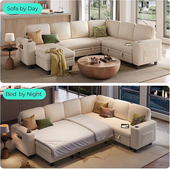 LINSY HOME Sectional Sleeper Sofa with Pull Out Couch Bed - Convertible Plush Corduroy Cloud Couch with Storage Chaise & USB Charging, Comfy Modular Couches for Living Room, Beige