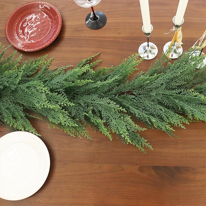 9FT Christmas Cedar Garland Full Real Touch Artificial Green Faux Cypress Realistic Pine Garland for Mantle Fireplace Table Home Decoraiton