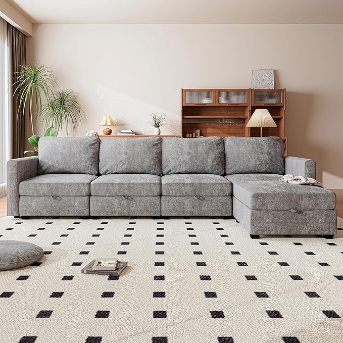 mestyl Modular Sectional Sofa Convertible L Shaped Sofa Couch Set with Storage for Living Room, Modern 4 Seater Modular Sectional Couch with Movable Ottoman (Grey)