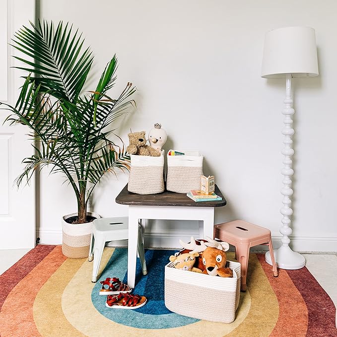 OrganiHaus Toy Storage Bins | Nursery Storage Basket | Towel Baskets for Bathroom | Woven Baskets for Storage | Decorative Baskets for Storage | Cotton Rope Baskets for Storage - Rainbow Basket