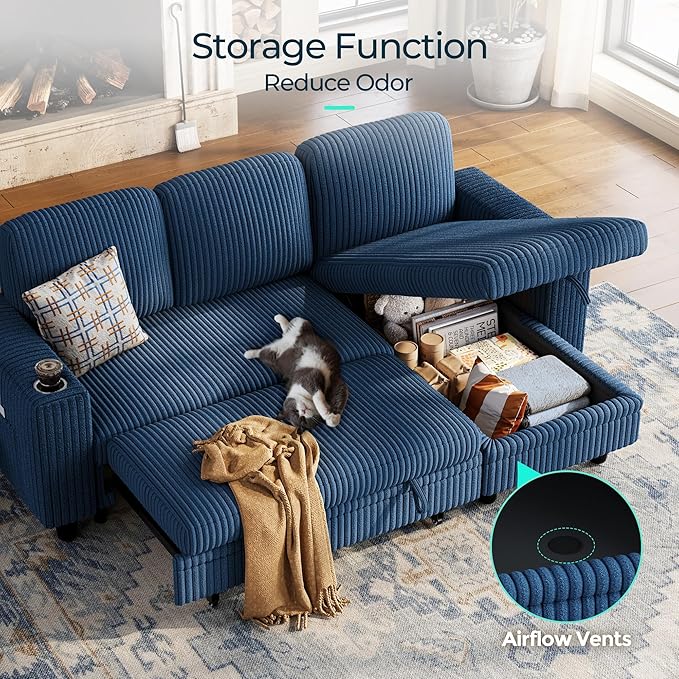 LINSY HOME Sectional Sleeper Sofa with Pull Out Couch Bed - Convertible Plush Corduroy Cloud Couch with Storage Chaise & USB Charging, Comfy L Shaped Modular Couches for Living Room Apartment, Blue