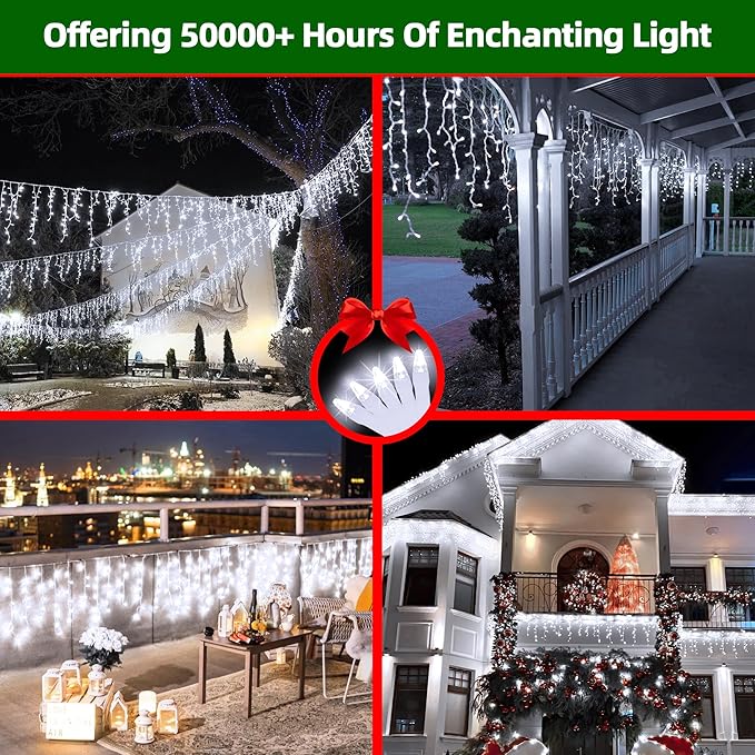 612 LED 60FT Icicle Christmas Lights - 136 Drops Waterproof 12 Modes Memory Timer, Outdoor Hanging Roof Lights for Eaves Gutter Xmas Tree Holiday Decorations Cool White