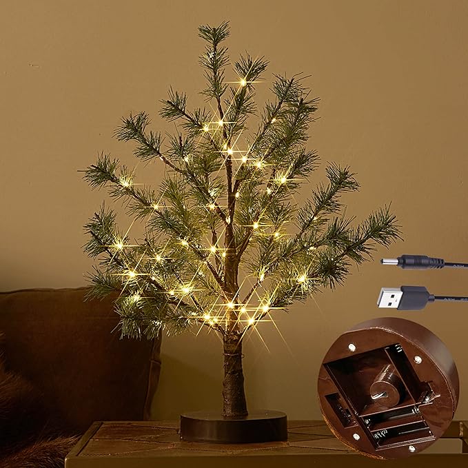 Hairui Christmas Tabletop Pine Tree Lights 60 LED 18IN Battery or USB Oprerated with Timer, Lighted Pine Tree for Home Winter Holiday Decor Indoor Use