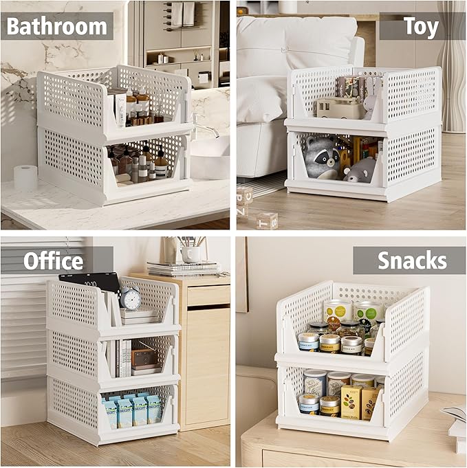 Stackable Plastic Storage Basket Closet Organizer Bin Foldable Clothes Organizer Storage Drawer Shelf Container for Living Room Bathroom Kitchen Office Laundry Room