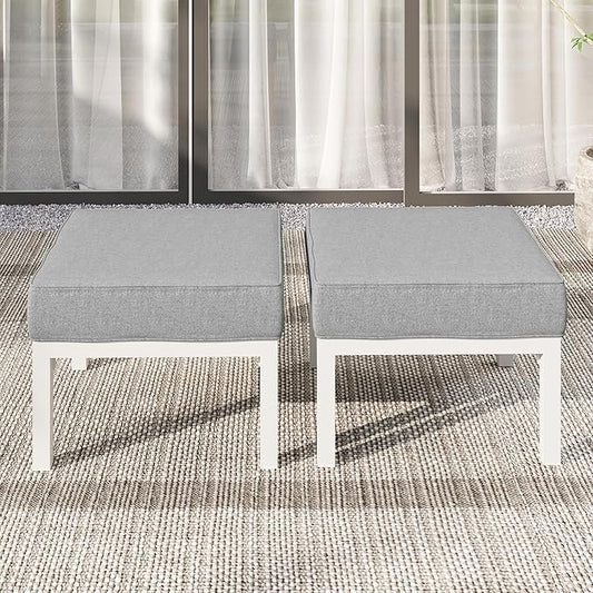 Solaste Outdoor Footstools Patio Ottoman Set of 2, Aluminum All-Weather Outdoor Footrest Seat with Removable Cushions, Patio Furniture Ottomans for Garden, Backyard, Poolside-White