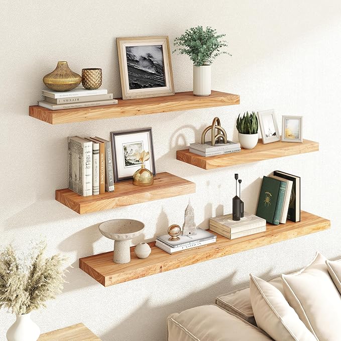 RICHFOCUS Elm Floating Shelves for Wall - 55" W x 9.3" D Rustic Solid Wood Shelves with Invisible Bracket, Wall-Mounted for Living Room, Bedroom, Kitchen Storage & Display, Set of 1, Natural