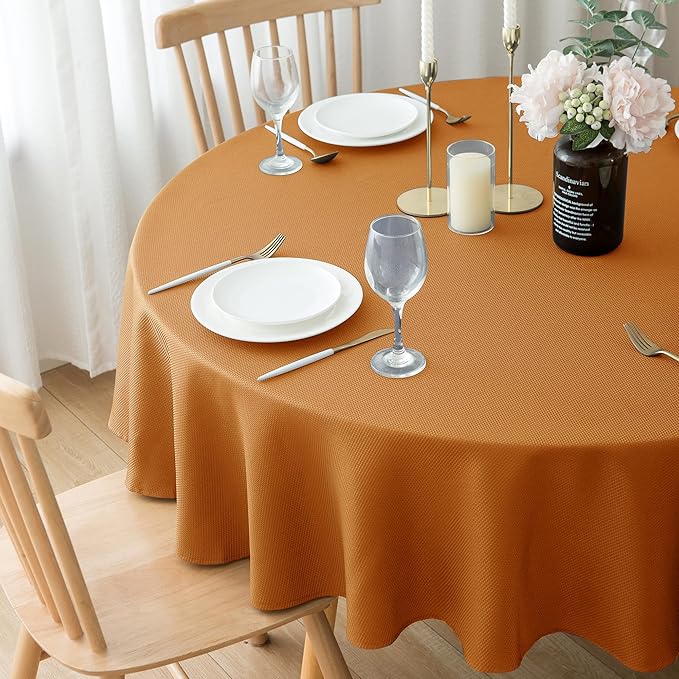 Biscaynebay Fall Tablecloth Textured Fabric Round Table Cloth 60" for Tables diameters from 28" to 48", Bronze Thanksgiving Autumn Harvest Water Resistant Fabric Table Cover for Kitchen, Dining, Party