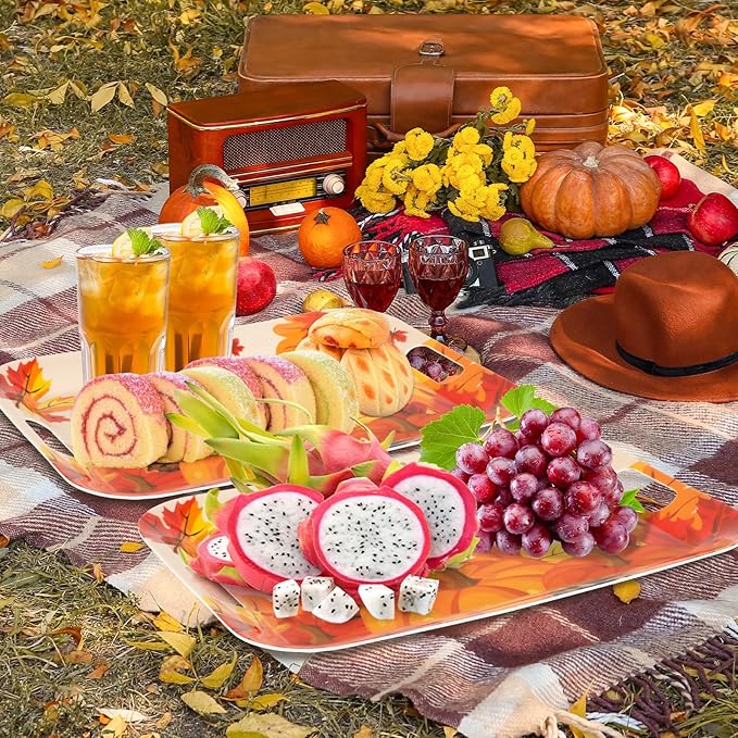 gisgfim 2Pcs Thanksgiving Day Fall Serving Tray 16.1 X 11.1 Inch Large Melamine Trays Platters with Handles Fall Pumpkin Leaves Food Trays Turkey Serving Dishes Snacks Dessert Plates Party Decorations
