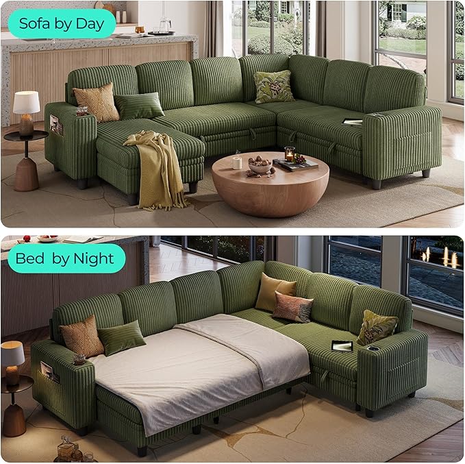LINSY HOME Sectional Sleeper Sofa with Pull Out Couch Bed Convertible Plush Corduroy Cloud Couch with Storage Chaise & USB Charging, Comfy Modular Couches for Living Room (Green)
