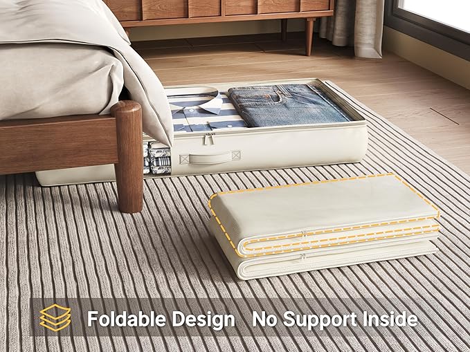 Soft-Sided Foldable Under bed Storage Bags with Window,No Rigid Frame Closet Organizers,Storage Containers for Blankets, Clothing, Comforter, Collapsible Fabric Design,4 Pack, White Ivory