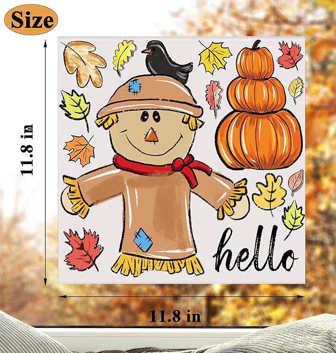 6 Sheets Fall Window Clings Fall Watercolor Pumpkin Maple Leaves Scarecrow Owl Sunflower Window Stickers for Autumn Thanksgiving Harvest Home Window Decals Decor
