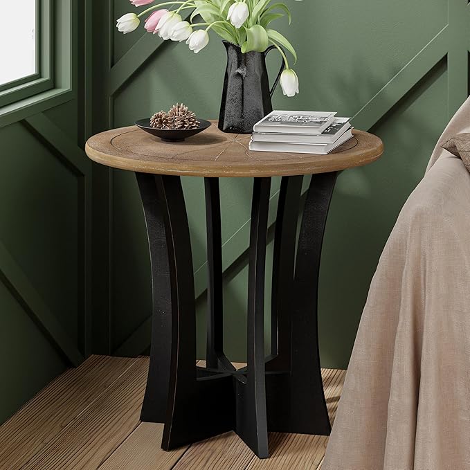 Farmhouse Round End Table X 2P with Criss-Cross Wood Legs, Rustic French Country Side Table for Dinning or Living Room, Modern, Black, Natural Wood, 23.62’’W*23.62’’D*23.22’’H