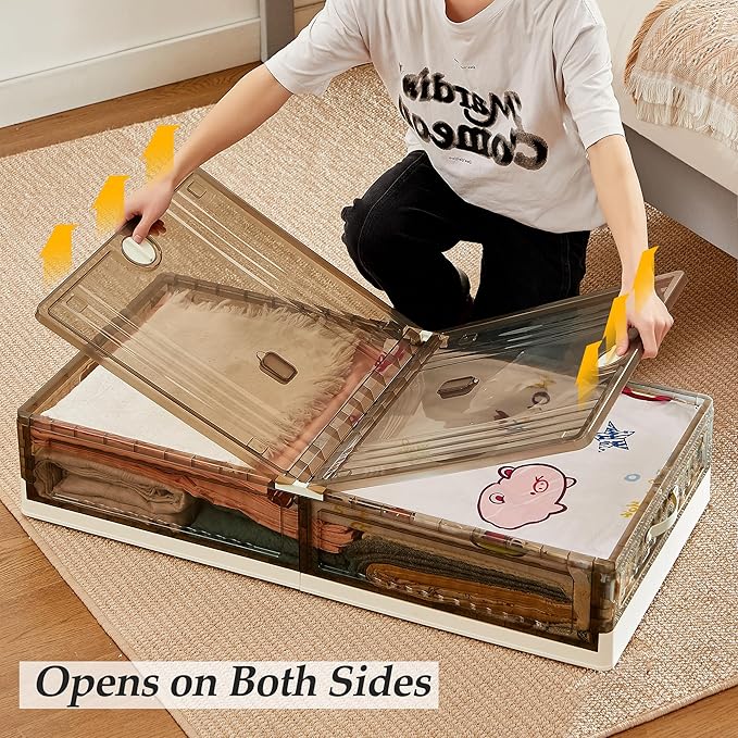 VECELO Under Bed Storage with Wheels, 26.5Gal Stackable Under Bed Storage Containers, Underbed Storage Containers with Lids, Plastic Foldable Folding Box for Clothes Shoes